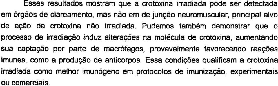 Pudemos também demonstrar que o processo de irradiação induz alterações na molécula de crotoxina, aumentando sua captação por parte