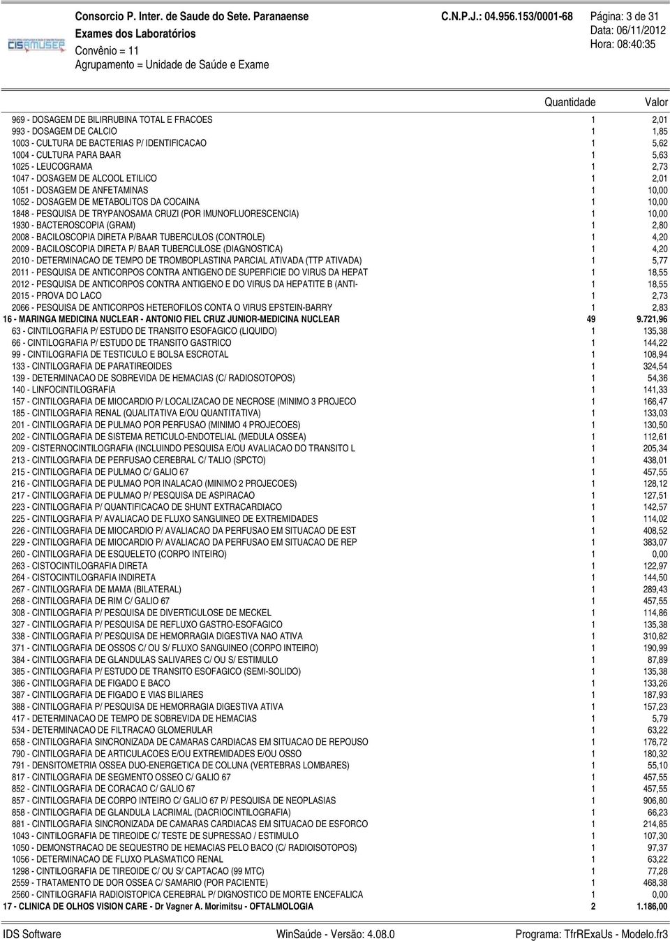 LEUCOGRAMA 047 - DOSAGEM DE ALCOOL ETILICO 05 - DOSAGEM DE ANFETAMINAS 052 - DOSAGEM DE METABOLITOS DA COCAINA 848 - PESQUISA DE TRYPANOSAMA CRUZI (POR IMUNOFLUORESCENCIA) 930 - BACTEROSCOPIA (GRAM)