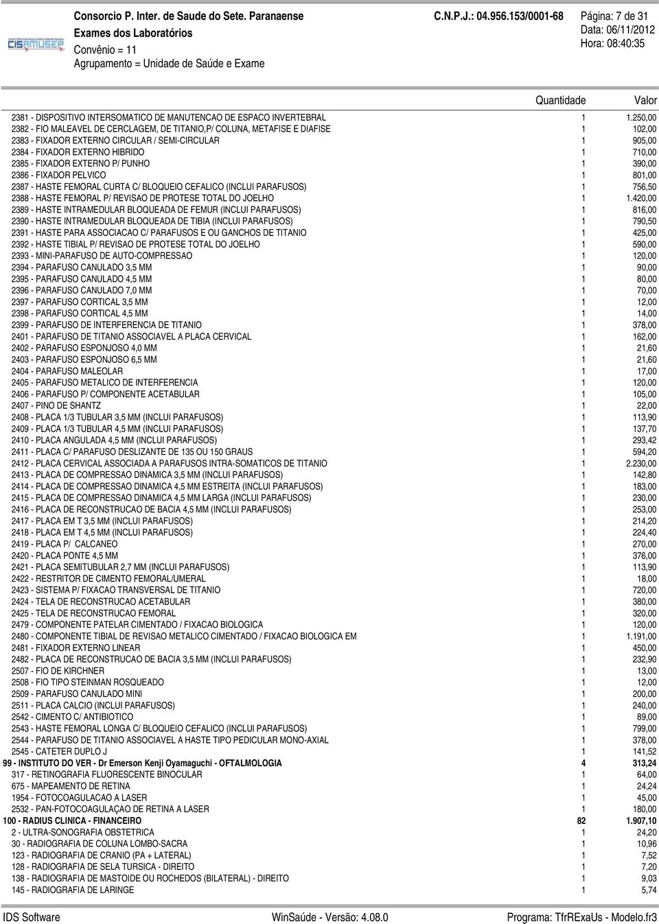 FIXADOR EXTERNO CIRCULAR / SEMI-CIRCULAR 2384 - FIXADOR EXTERNO HIBRIDO 2385 - FIXADOR EXTERNO P/ PUNHO 2386 - FIXADOR PELVICO 2387 - HASTE FEMORAL CURTA C/ BLOQUEIO CEFALICO (INCLUI PARAFUSOS) 2388