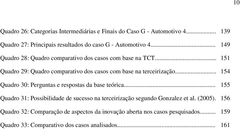 .. 154 Quadro 30: Perguntas e respostas da base teórica... 155 Quadro 31: Possibilidade de sucesso na terceirização segundo Gonzalez et al.