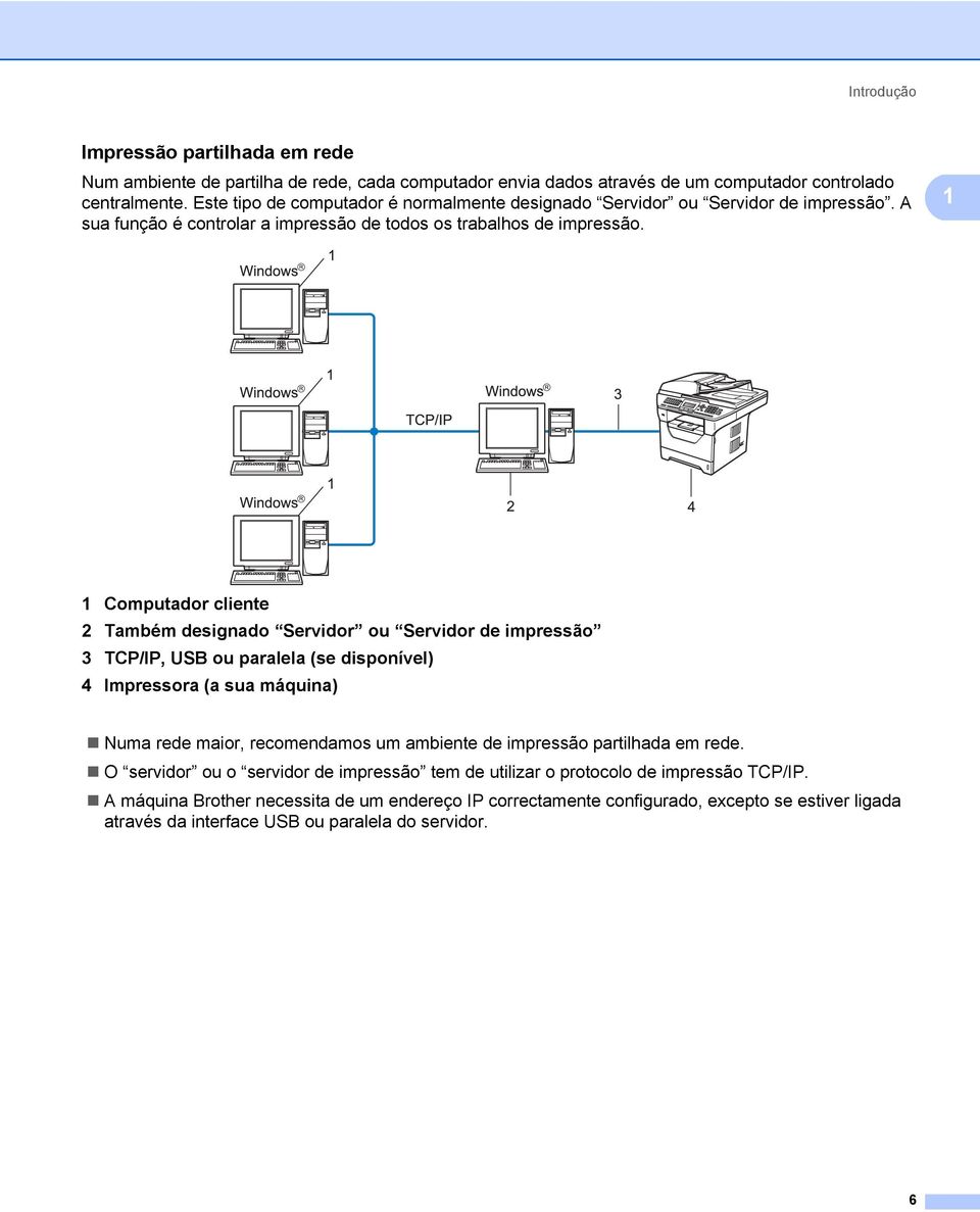 1 1 Computador cliente 2 Também designado Servidor ou Servidor de impressão 3 TCP/IP, USB ou paralela (se disponível) 4 Impressora (a sua máquina) Numa rede maior, recomendamos um ambiente de