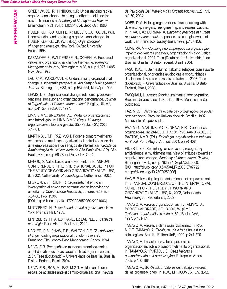 In: Huber, G.P.; Glick, W.H. (Ed.). Organizational change and redesign. New York: Oxford University Press, 1993. KABANOFF, B.; WALDERSEE, R.; COHEN, M.