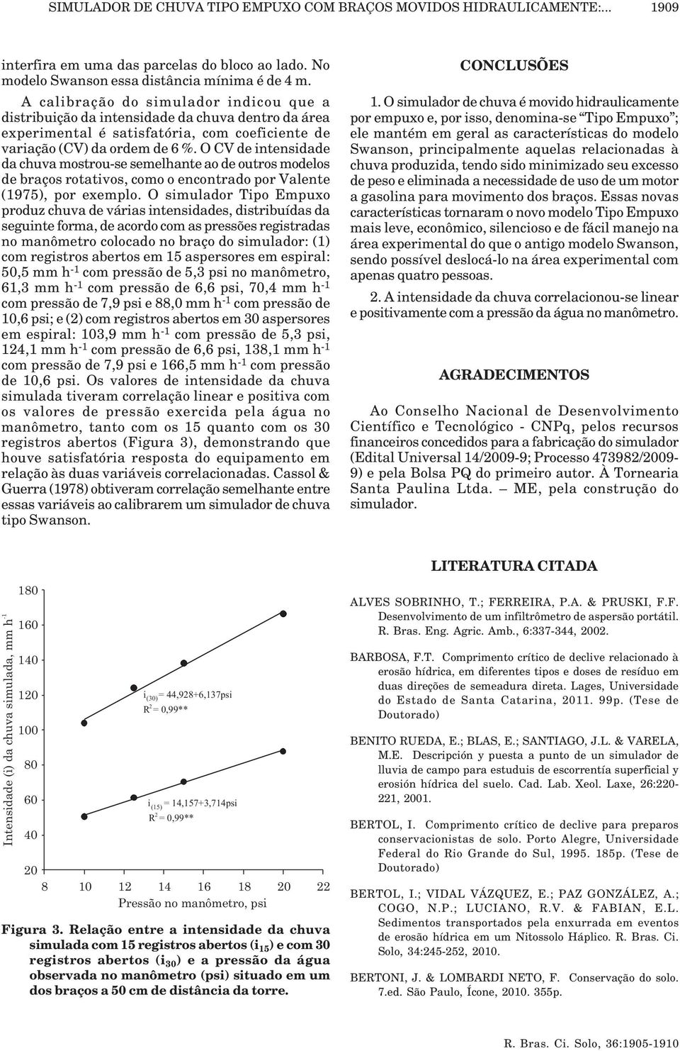 O CV de intensidade da chuva mostrou-se semelhante ao de outros modelos de braços rotativos, como o encontrado por Valente (1975), por exemplo.