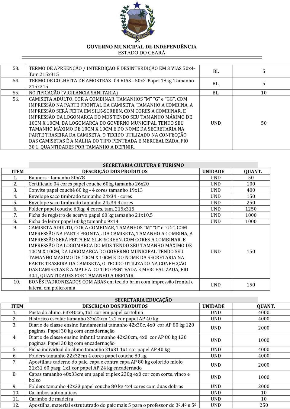 LOGOMARCA DO MDS TENDO SEU TAMANHO MÁXIMO DE 10CM X 10CM, DA LOGOMARCA DO GOVERNO MUNICIPAL TENDO SEU TAMANHO MÁXIMO DE 10CM X 10CM E DO NOME DA SECRETARIA NA PARTE TRASEIRA DA CAMISETA, O TECIDO