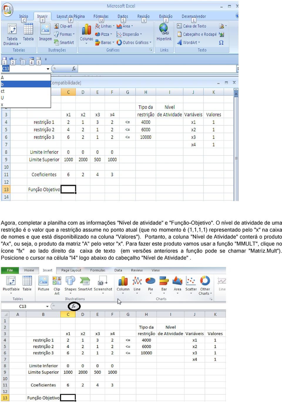 está disponibilizado na coluna "Valores"). Portanto, a coluna "Nível de Atividade" conterá o produto "Ax", ou seja, o produto da matriz "A" pelo vetor "x".