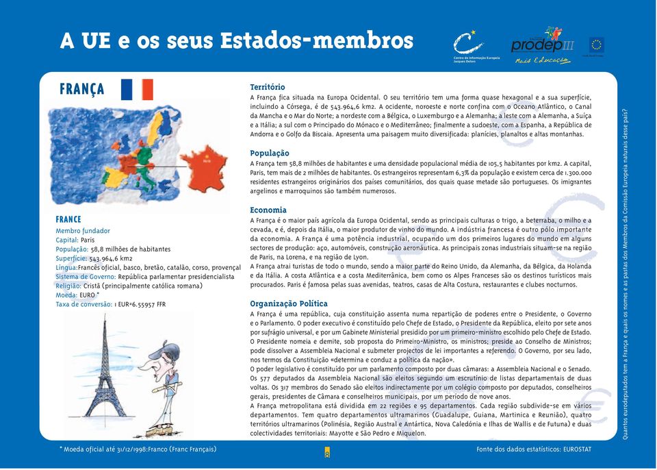 conversão: 1 EUR=6.55957 FFR A França fica situada na Europa Ocidental. O seu território tem uma forma quase hexagonal e a sua superfície, incluindo a Córsega, é de 543.964,6 km2.