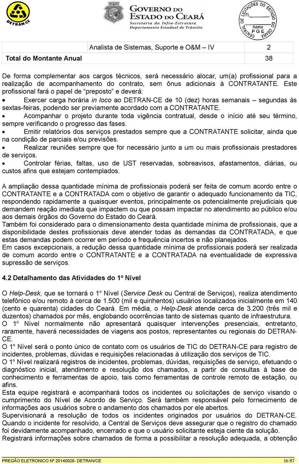 Este profissional fará o papel de preposto e deverá: Exercer carga horária in loco ao DETRAN-CE de 10 (dez) horas semanais segundas às sextas-feiras, podendo ser previamente acordado com a