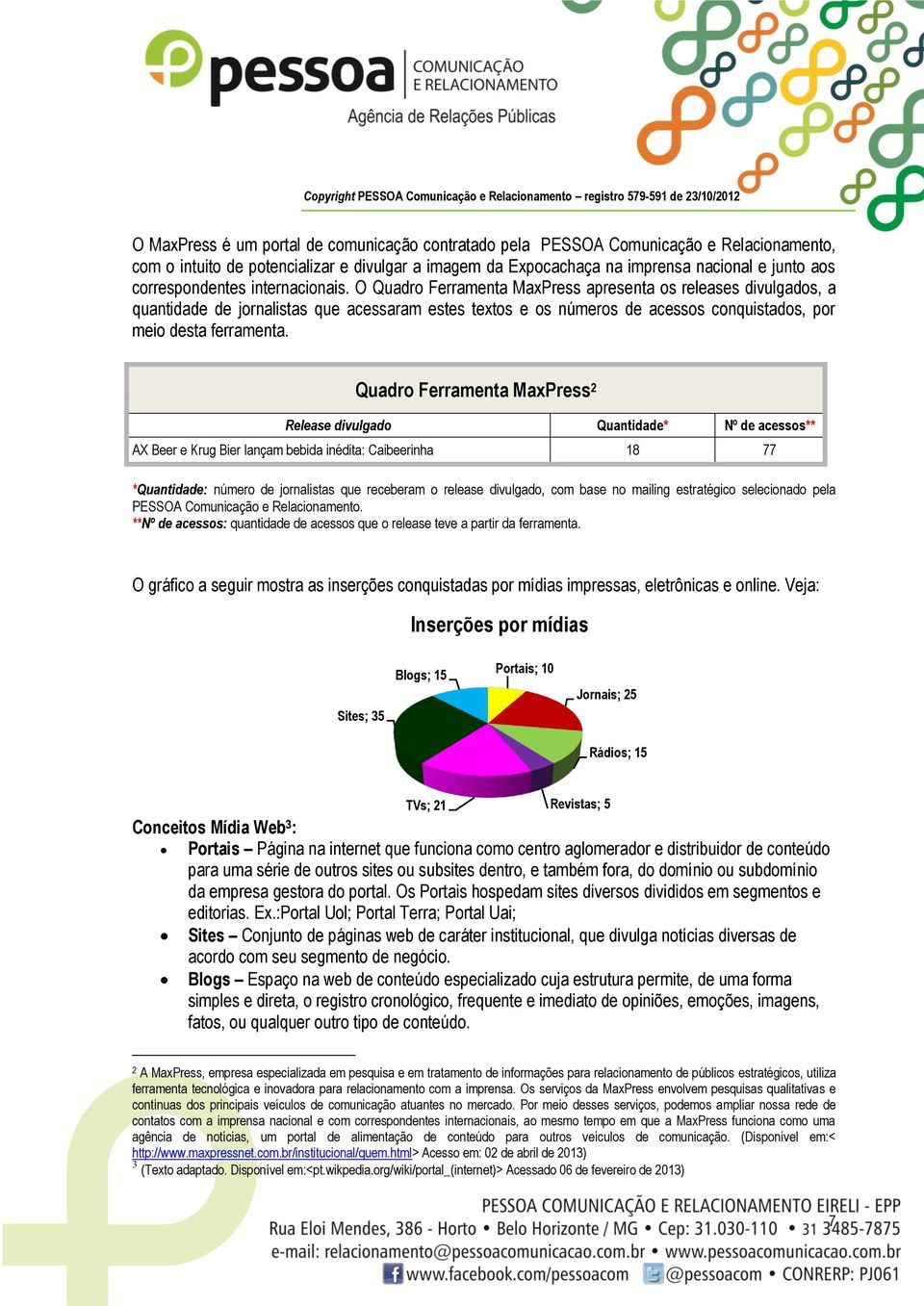 O Quadro Ferramenta MaxPress apresenta os releases divulgados, a quantidade de jornalistas que acessaram estes textos e os números de acessos conquistados, por meio desta ferramenta.