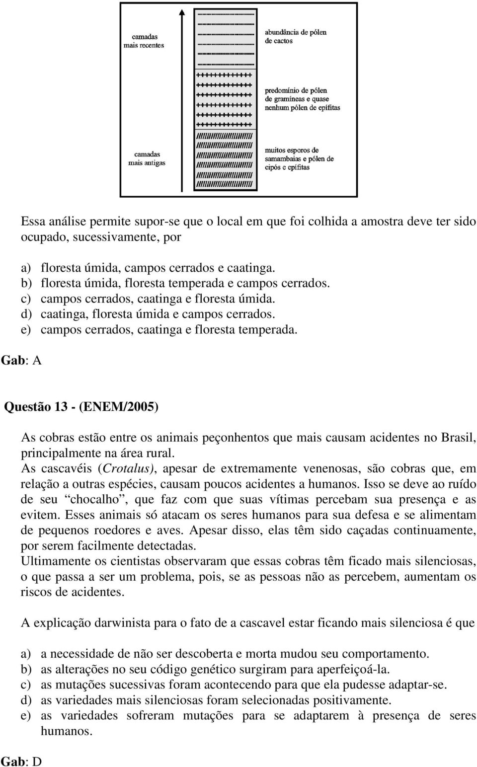 e) campos cerrados, caatinga e floresta temperada. Gab: A Questão 13 - (ENEM/2005) As cobras estão entre os animais peçonhentos que mais causam acidentes no Brasil, principalmente na área rural.