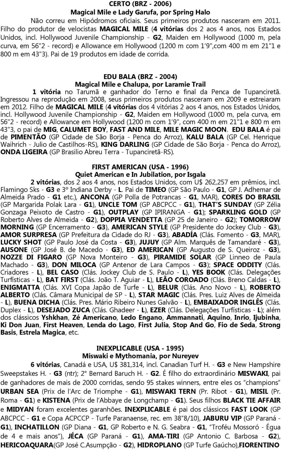 Hollywood Juvenile Championship G2, Maiden em Hollywood (1000 m, pela curva, em 56"2 record) e Allowance em Hollywood (1200 m com 1 9",com 400 m em 21"1 e 800 m em 43"3).