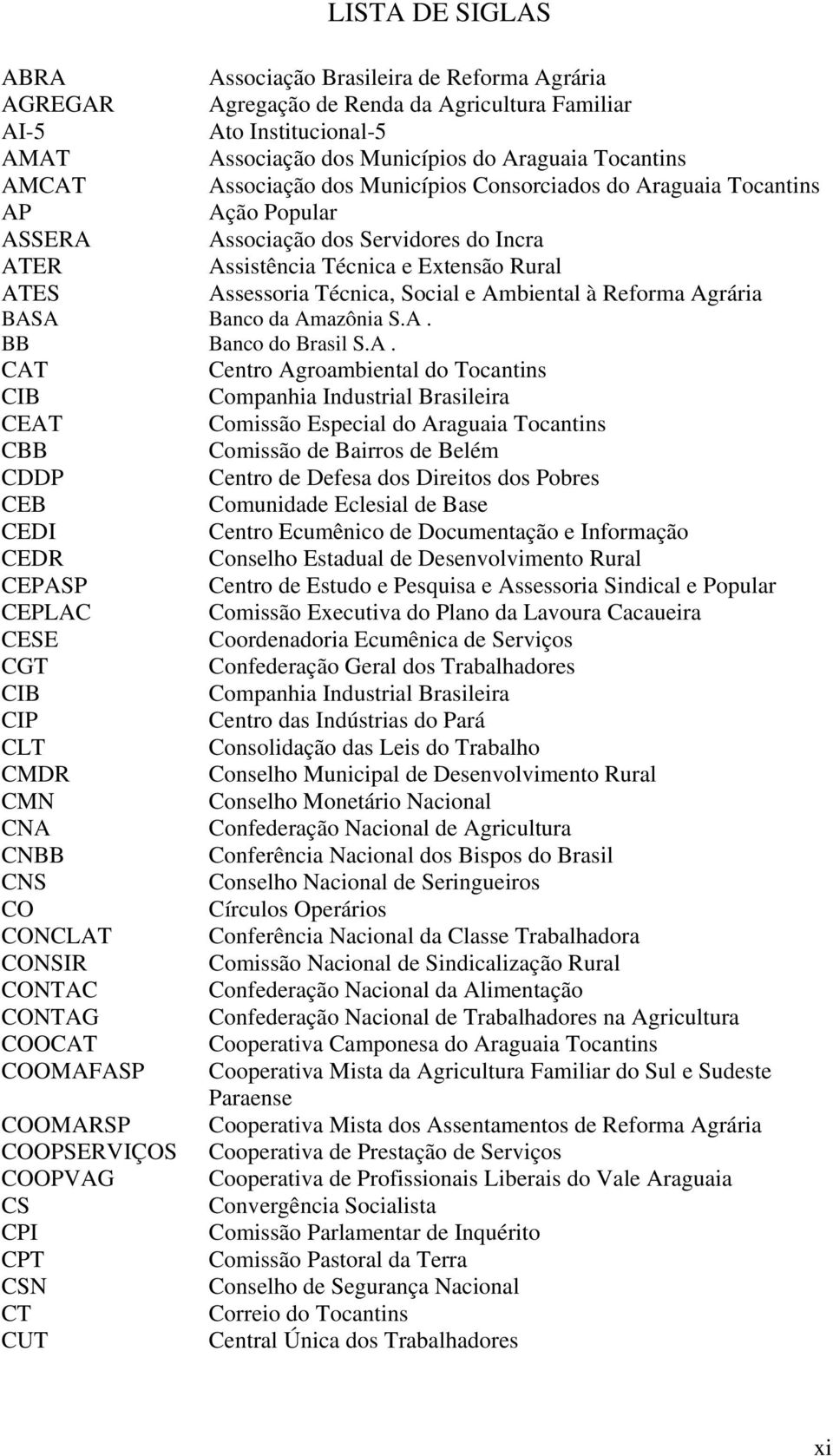 Ambiental à Reforma Agrária BASA Banco da Amazônia S.A. BB Banco do Brasil S.A. CAT Centro Agroambiental do Tocantins CIB Companhia Industrial Brasileira CEAT Comissão Especial do Araguaia Tocantins