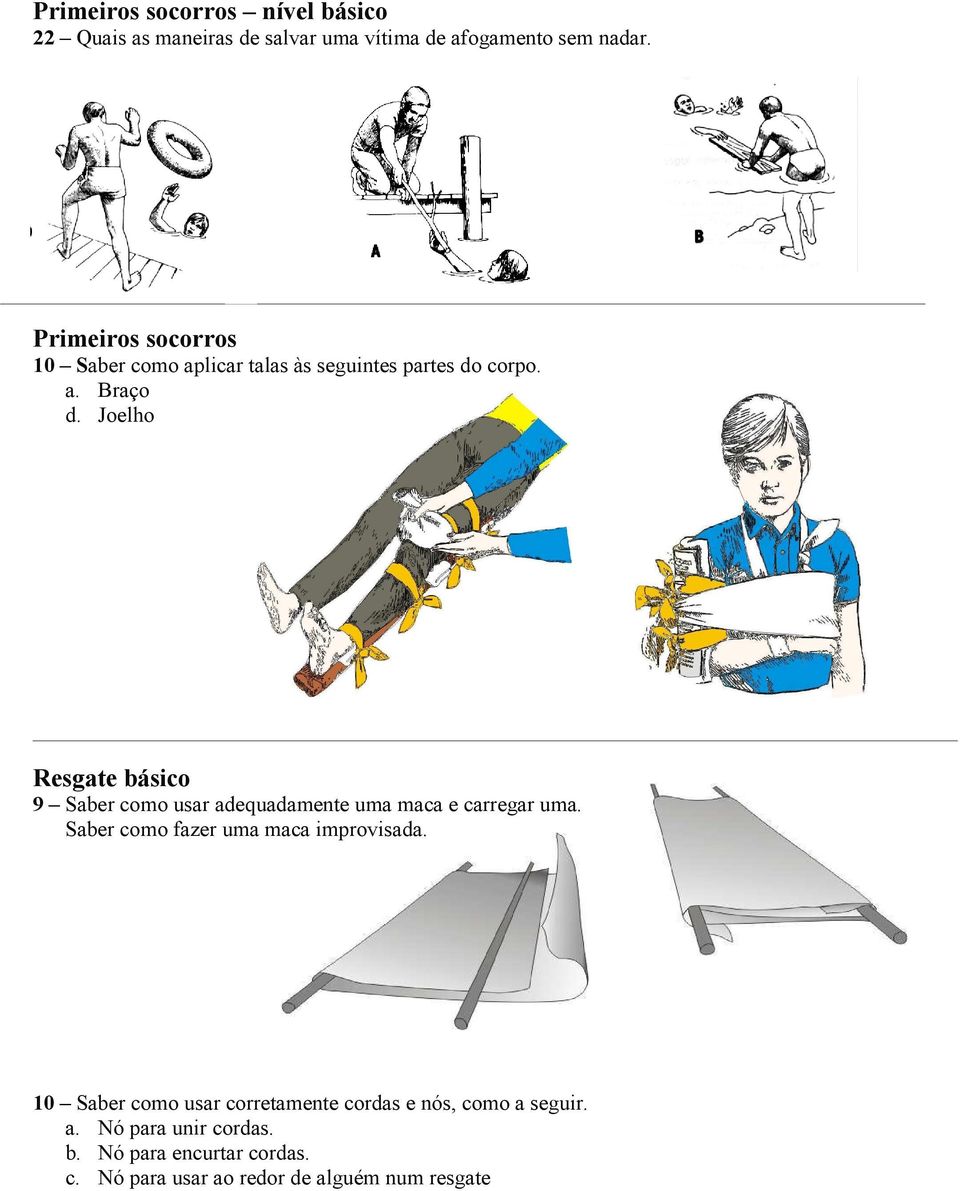 Joelho Resgate básico 9 Saber como usar adequadamente uma maca e carregar uma. Saber como fazer uma maca improvisada.