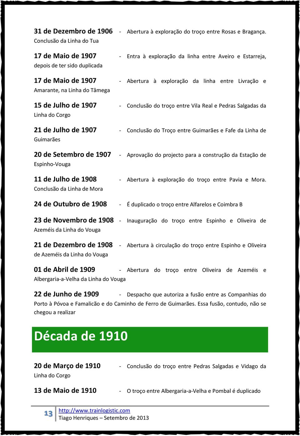 Amarante, na Linha do Tâmega 15 de Julho de 1907 - Conclusão do troço entre Vila Real e Pedras Salgadas da Linha do Corgo 21 de Julho de 1907 - Conclusão do Troço entre Guimarães e Fafe da Linha de