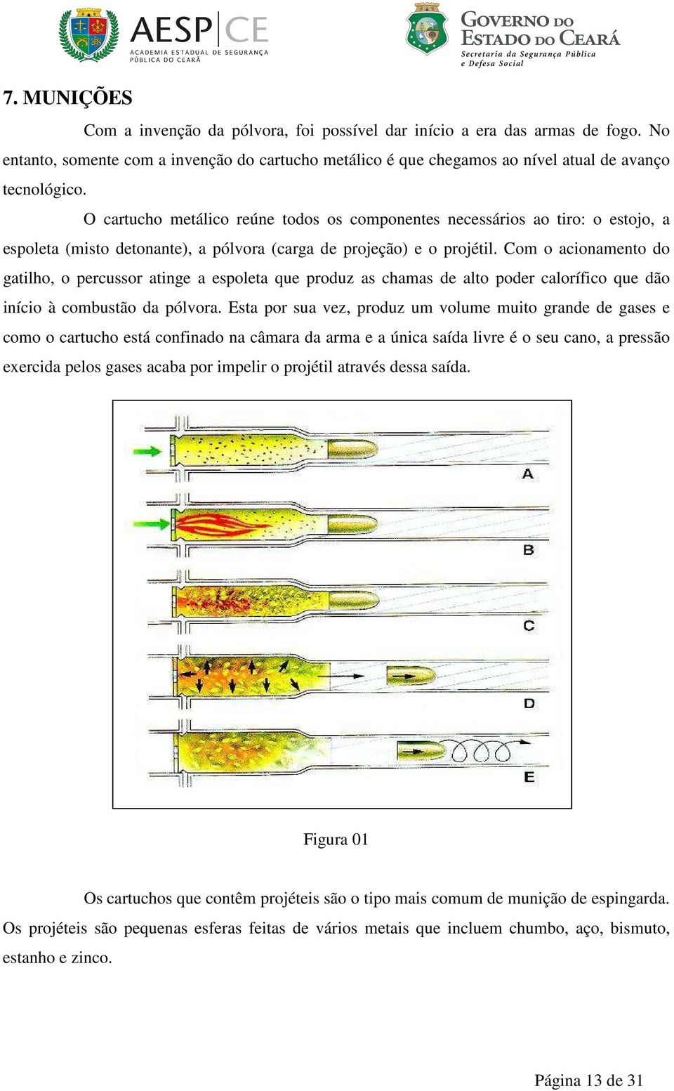 Com o acionamento do gatilho, o percussor atinge a espoleta que produz as chamas de alto poder calorífico que dão início à combustão da pólvora.