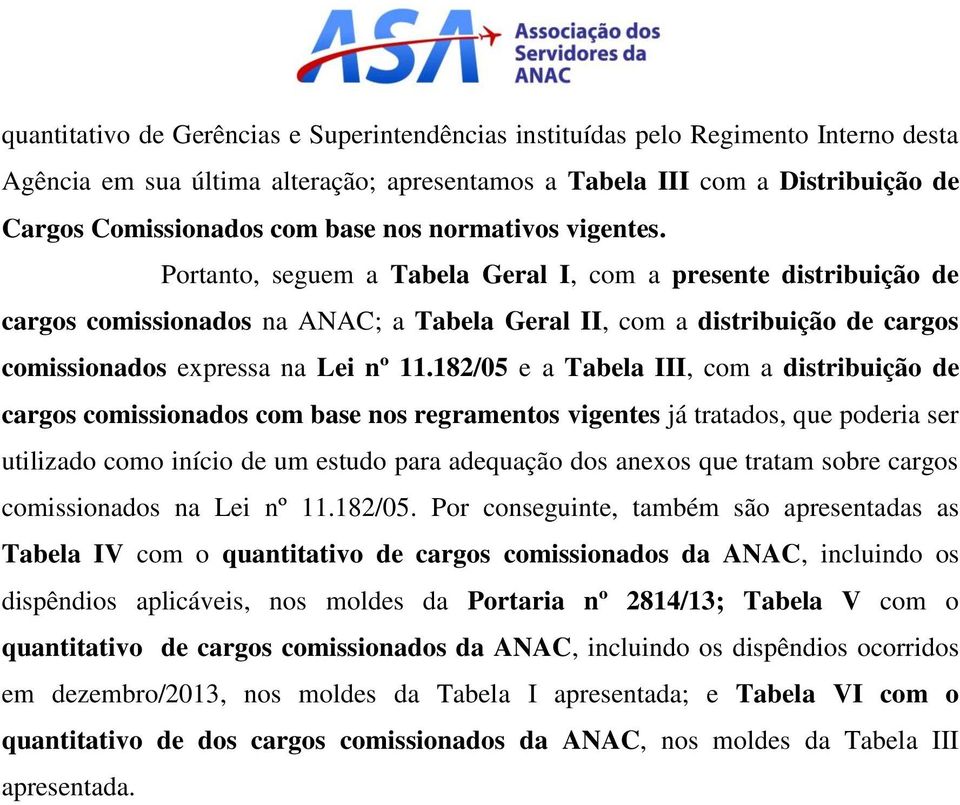 Portanto, seguem a Tabela Geral I, com a presente distribuição de cargos comissionados na ANAC; a Tabela Geral II, com a distribuição de cargos comissionados expressa na Lei nº 11.