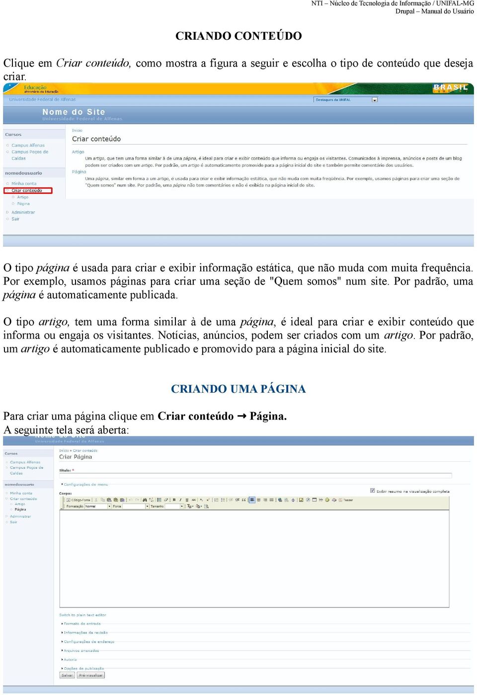 Por padrão, uma página é automaticamente publicada. O tipo artigo, tem uma forma similar à de uma página, é ideal para criar e exibir conteúdo que informa ou engaja os visitantes.