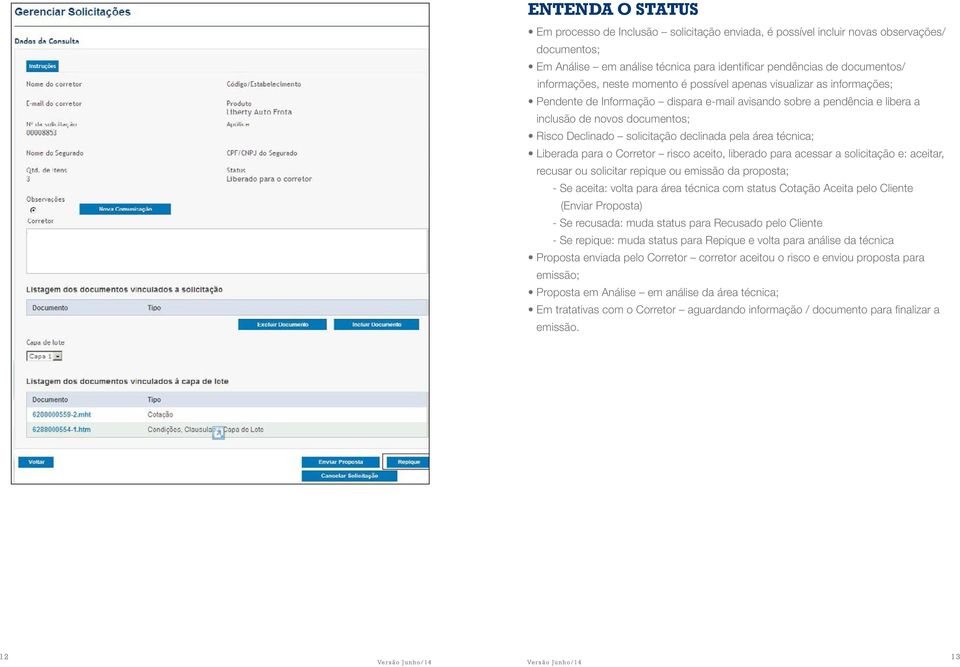 declinada pela área técnica; Liberada para o Corretor risco aceito, liberado para acessar a solicitação e: aceitar, recusar ou solicitar repique ou emissão da proposta; - Se aceita: volta para área