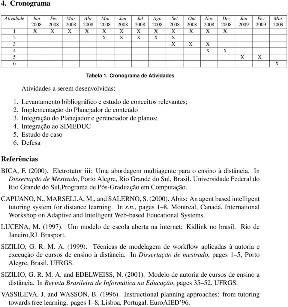 Integração do Planejador e gerenciador de planos; 4. Integração ao SIMEDUC 5. Estudo de caso 6. Defesa Referências BICA, F. (2000).