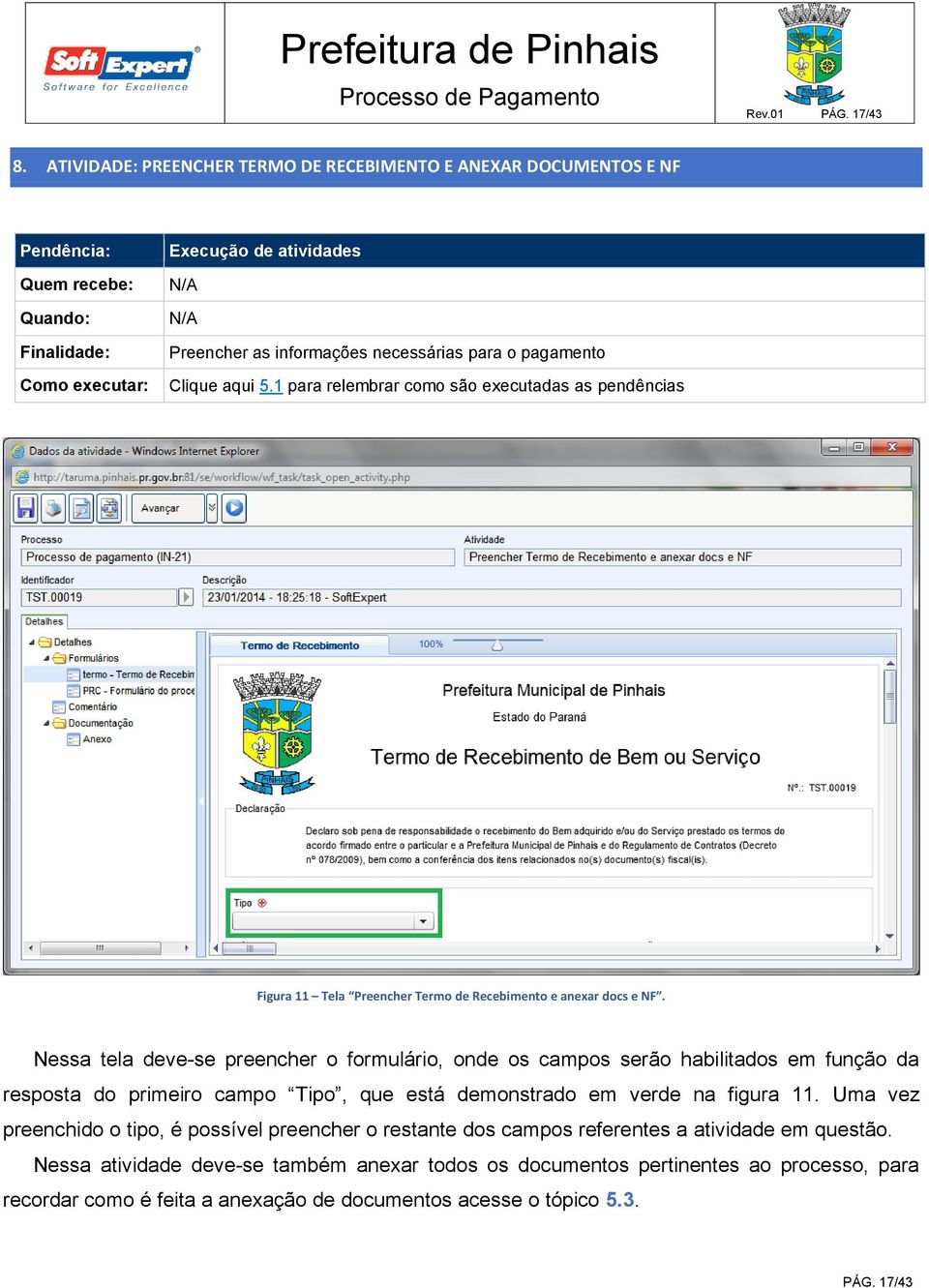 o pagamento Clique aqui 5.1 para relembrar como são executadas as pendências Figura 11 Tela Preencher Termo de Recebimento e anexar docs e NF.