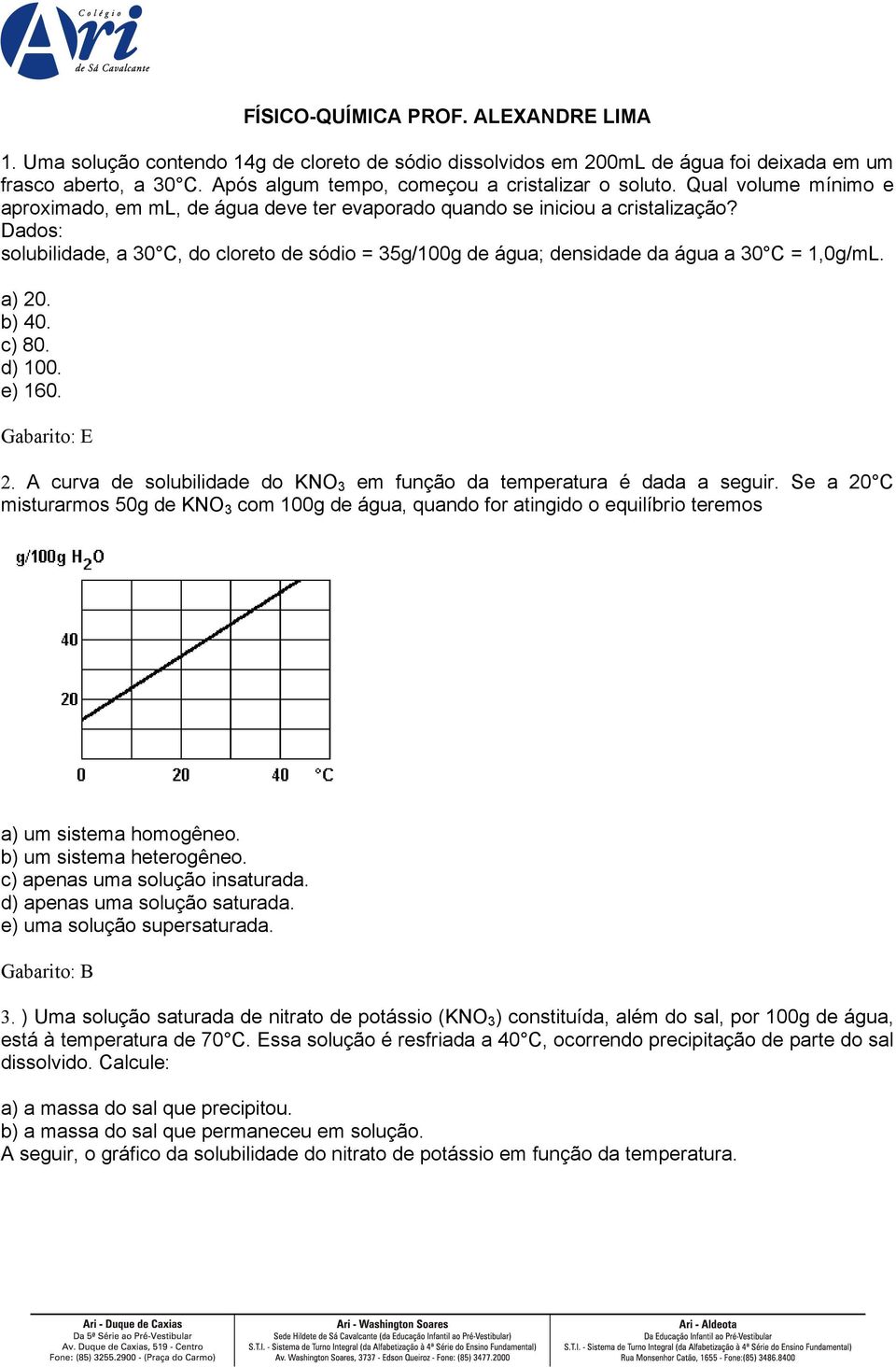 Dados: solubilidade, a 30 C, do cloreto de sódio = 35g/100g de água; densidade da água a 30 C = 1,0g/mL. a) 20. b) 40. c) 80. d) 100. e) 160. 2. A curva de solubilidade do KNO 3 em função da temperatura é dada a seguir.