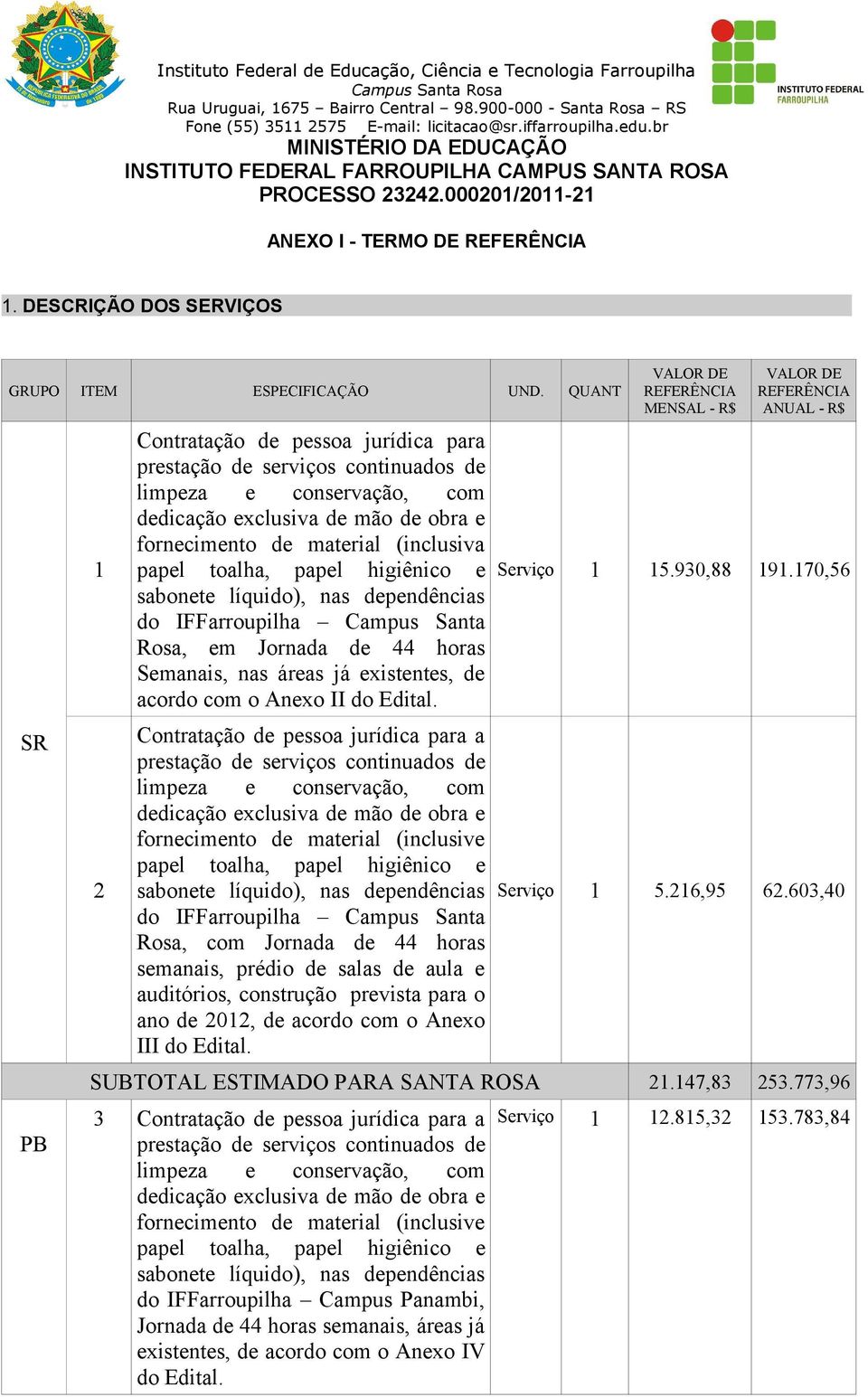 toalha, papel higiênico e sabonete líquido), nas dependências do IFFarroupilha Campus Santa Rosa, em Jornada de 44 horas Semanais, nas áreas já existentes, de acordo com o Anexo II do Edital.