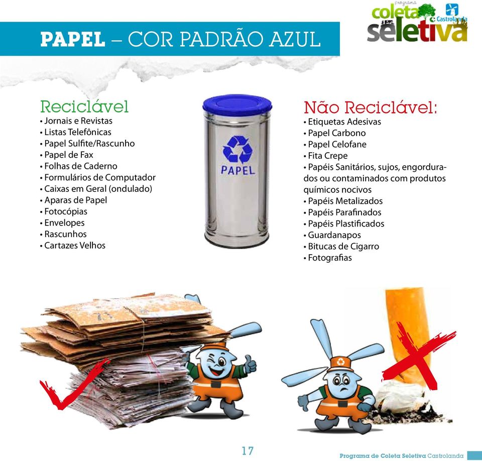 Reciclável: Etiquetas Adesivas Papel Carbono Papel Celofane Fita Crepe Papéis Sanitários, sujos, engordurados ou contaminados