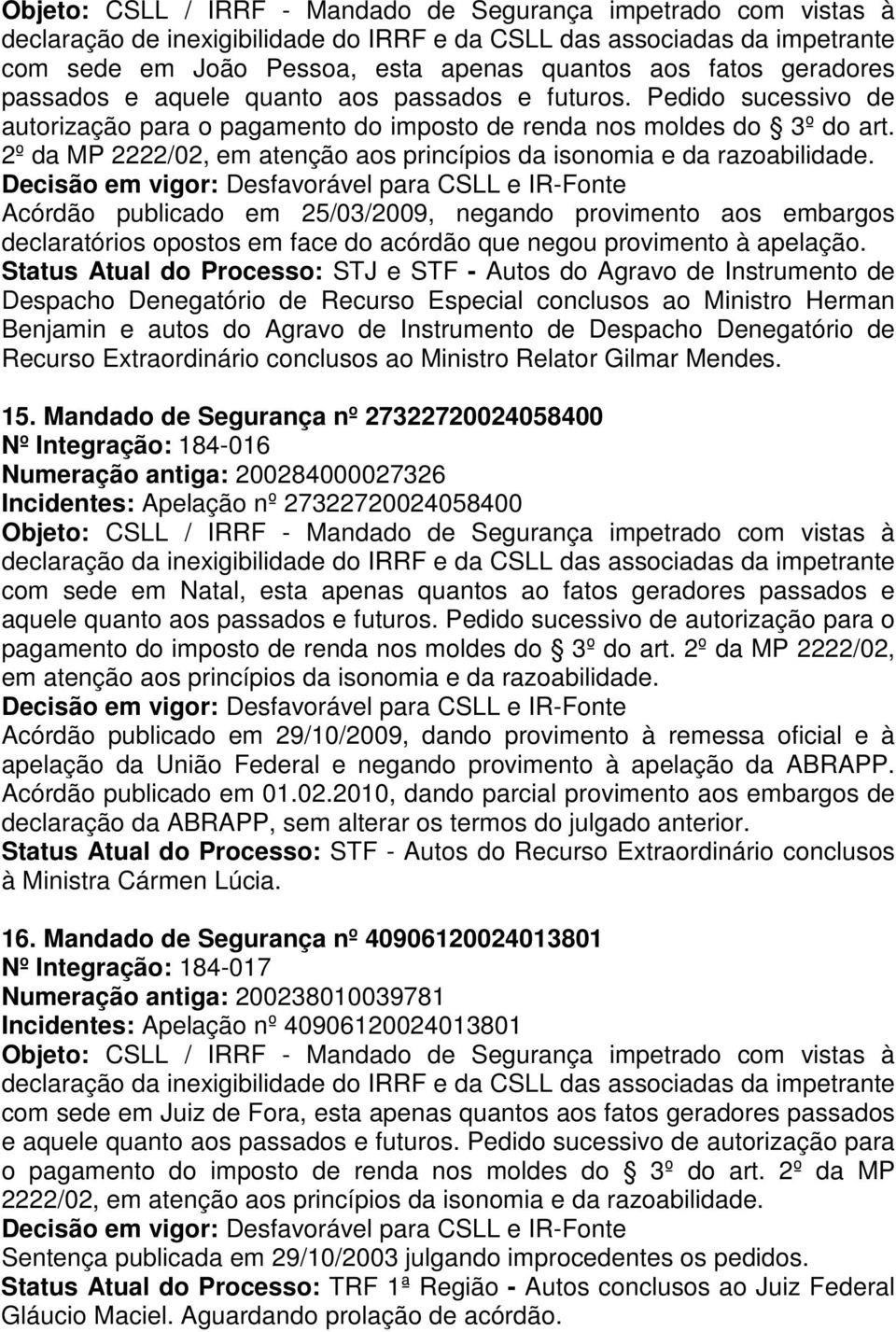 Status Atual do Processo: STJ e STF - Autos do Agravo de Instrumento de Despacho Denegatório de Recurso Especial conclusos ao Ministro Herman Benjamin e autos do Agravo de Instrumento de Despacho