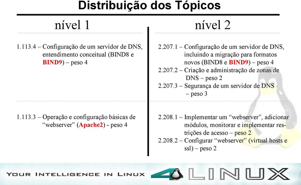 2 Criação e administração de zonas de DNS peso 2 2.207.3 Segurança de um servidor de DNS peso 3 1.113.