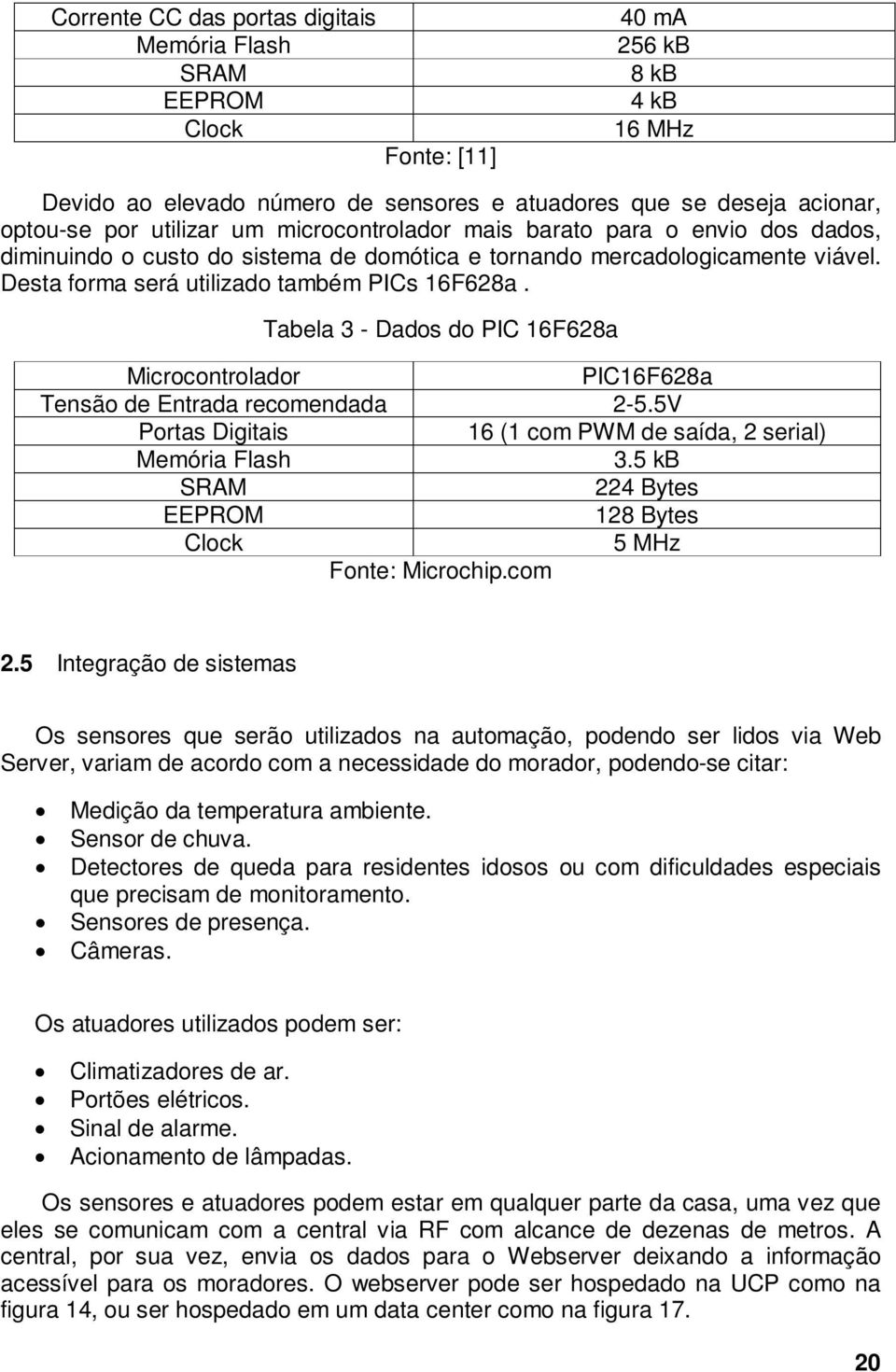 Tabela 3 - Dados do PIC 16F628a Microcontrolador PIC16F628a Tensão de Entrada recomendada 2-5.5V Portas Digitais 16 (1 com PWM de saída, 2 serial) Memória Flash 3.