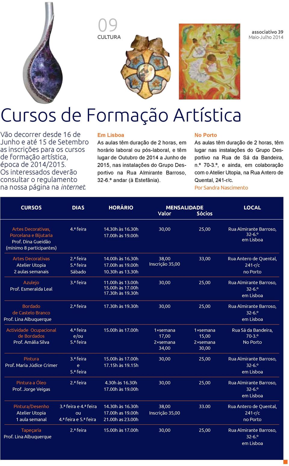 Em Lisboa As aulas têm duração de 2 horas, em horário laboral ou pós-laboral, e têm lugar de Outubro de 2014 a Junho de 2015, nas instalações do Grupo Desportivo na Rua Almirante Barroso, 32-6.
