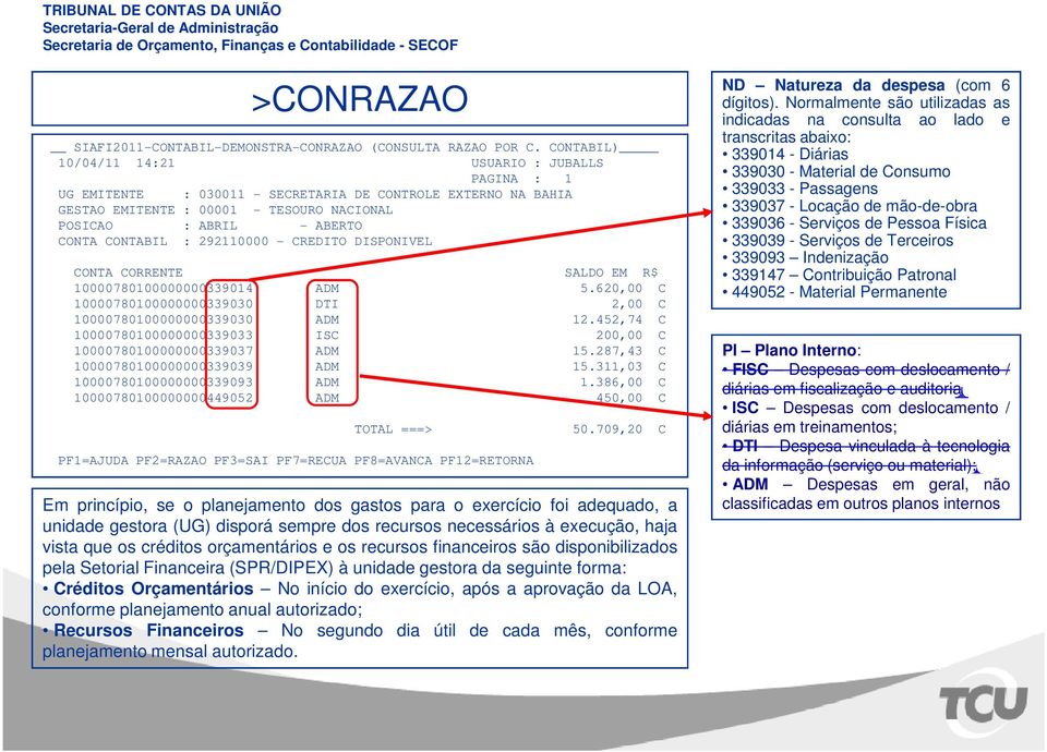 : 292110000 - CREDITO DISPONIVEL CONTA CORRENTE SALDO EM R$ 10000780100000000339014 ADM 5.620,00 C 10000780100000000339030 DTI 2,00 C 10000780100000000339030 ADM 12.