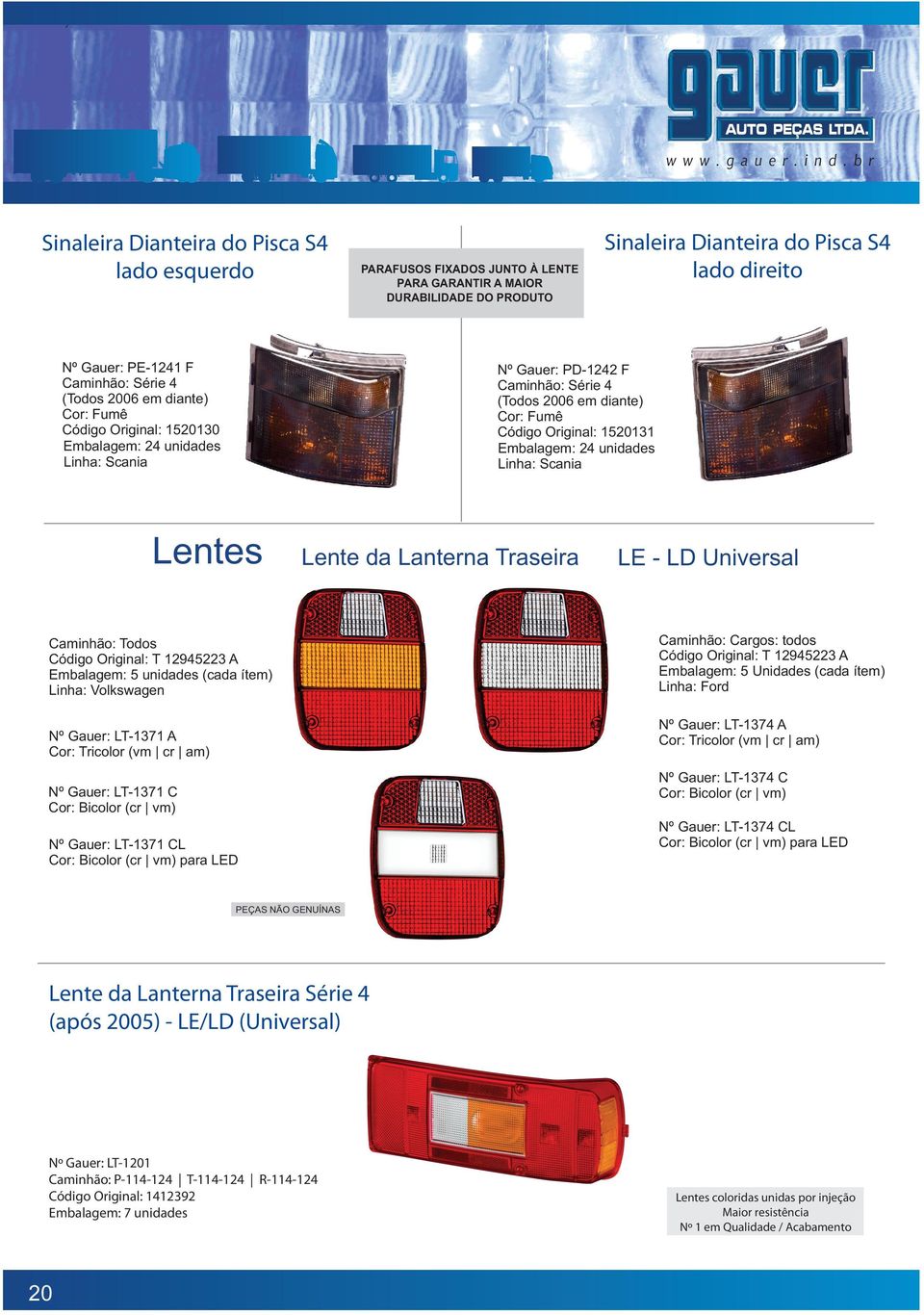 24 unidades Lentes Lente da Lanterna Traseira Caminhão: Todos Código Original: T 12945223 A Embalagem: 5 unidades (cada ítem) Linha: Volkswagen LE - LD Universal Caminhão: Cargos: todos Código