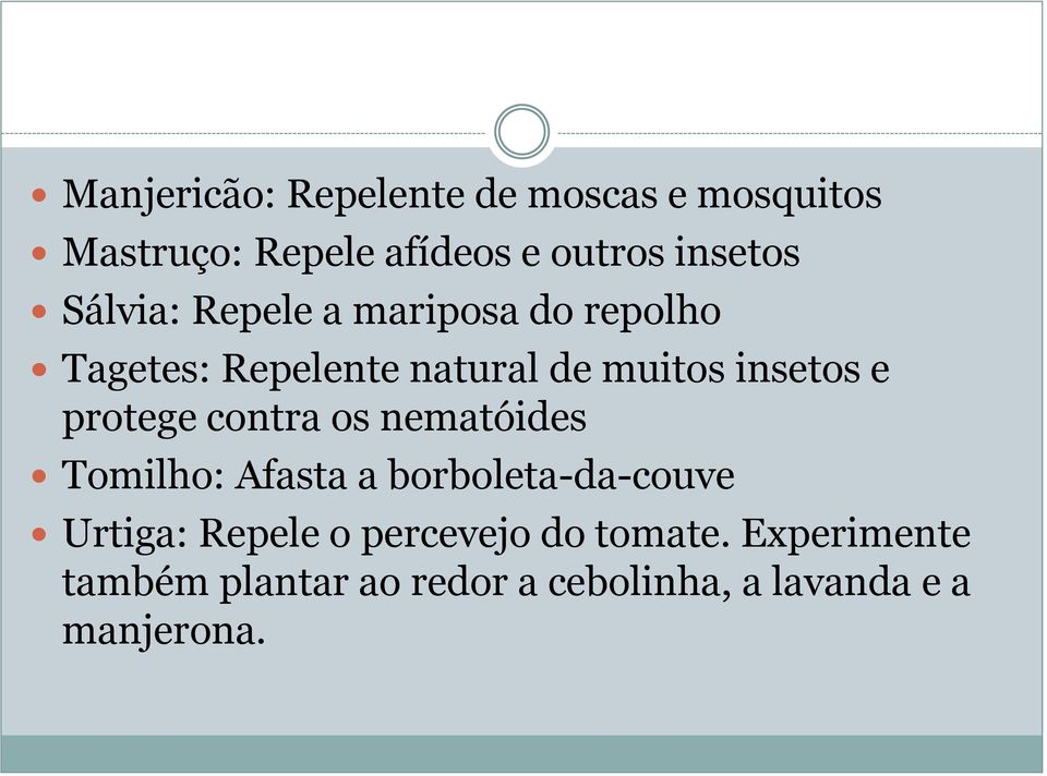 protege contra os nematóides Tomilho: Afasta a borboleta-da-couve Urtiga: Repele o