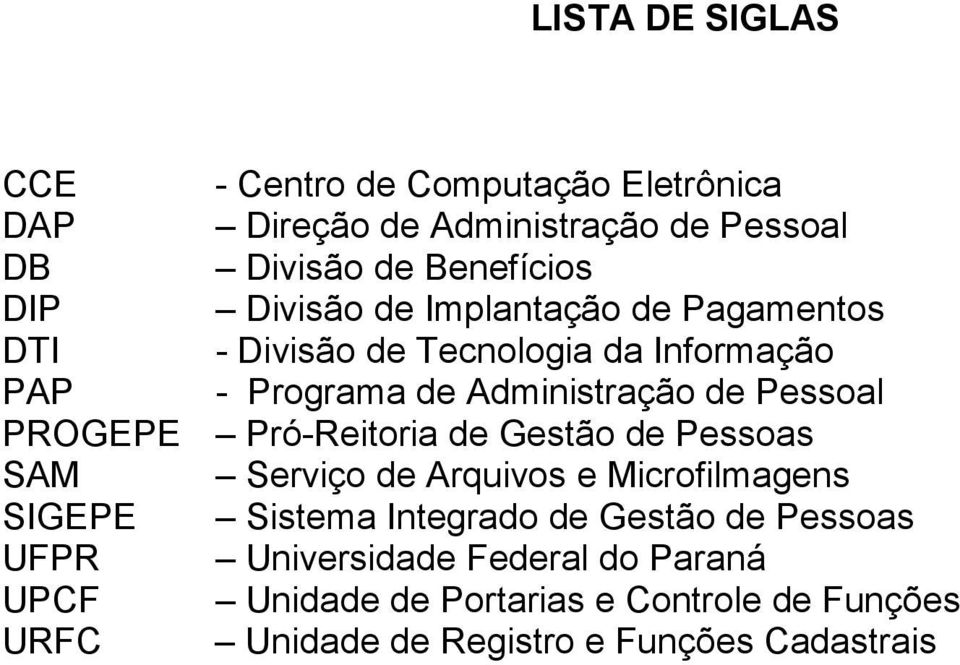 PROGEPE Pró-Reitoria de Gestão de Pessoas SAM Serviço de Arquivos e Microfilmagens SIGEPE Sistema Integrado de Gestão de