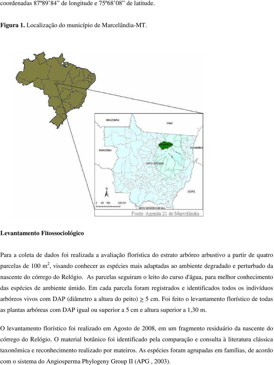 adaptadas ao ambiente degradado e perturbado da nascente do córrego do Relógio. As parcelas seguiram o leito do curso d'água, para melhor conhecimento das espécies de ambiente úmido.