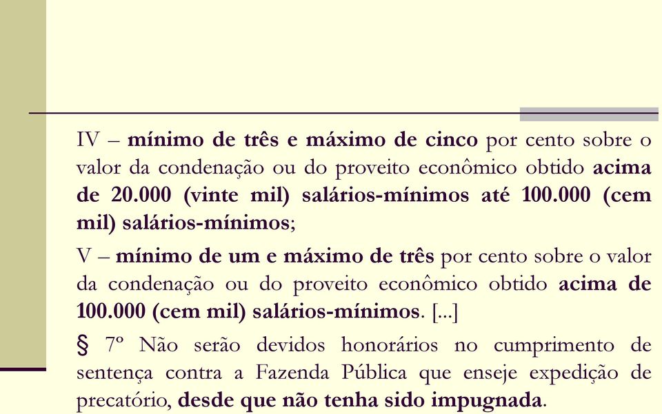 000 (cem mil) salários-mínimos; V mínimo de um e máximo de três por cento sobre o valor da condenação ou do proveito