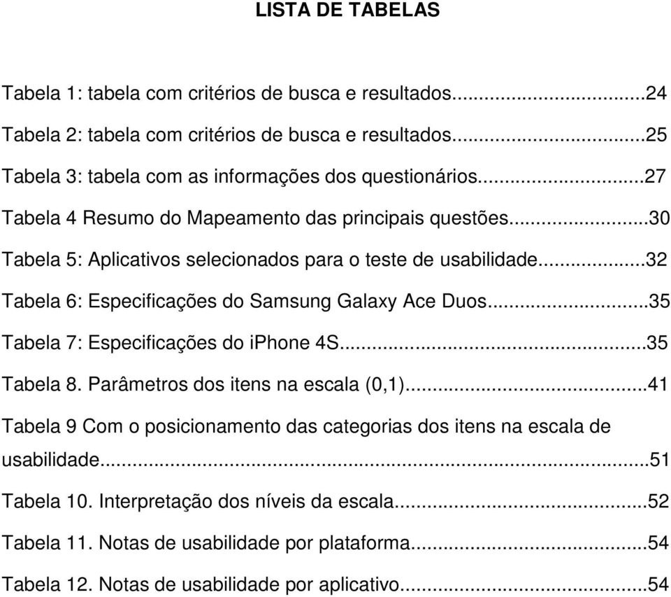..30 Tabela 5: Aplicativos selecionados para o teste de usabilidade...32 Tabela 6: Especificações do Samsung Galaxy Ace Duos...35 Tabela 7: Especificações do iphone 4S.