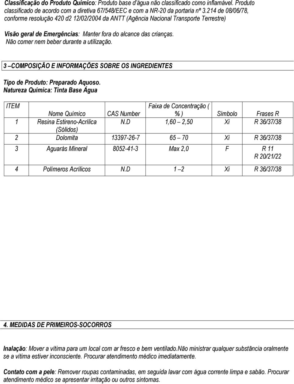 Não comer nem beber durante a utilização. 3 COMPOSIÇÃO E INFORMAÇÕES SOBRE OS INGREDIENTES Tipo de Produto: Preparado Aquoso.