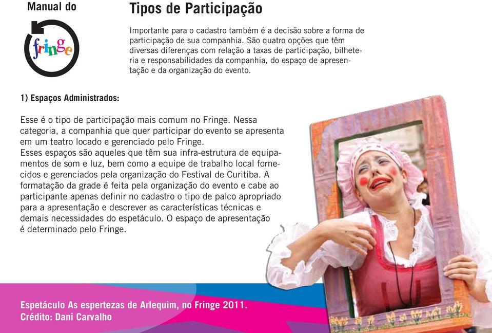 1) Espaços Administrados: Esse é o tipo de participação mais comum no Fringe. Nessa categoria, a companhia que quer participar do evento se apresenta em um teatro locado e gerenciado pelo Fringe.