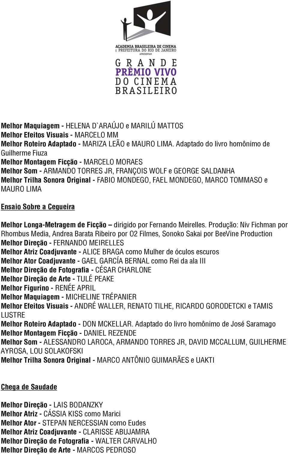 FAEL MONDEGO, MARCO TOMMASO e MAURO LIMA Ensaio Sobre a Cegueira Melhor Longa-Metragem de Ficção dirigido por Fernando Meirelles.