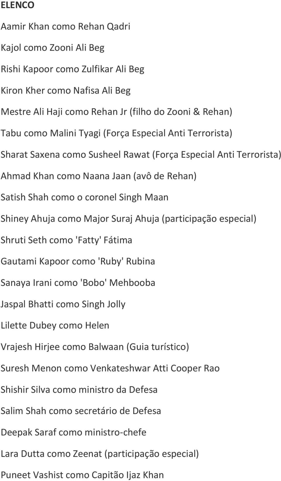 como Major Suraj Ahuja (participação especial) Shruti Seth como 'Fatty' Fátima Gautami Kapoor como 'Ruby' Rubina Sanaya Irani como 'Bobo' Mehbooba Jaspal Bhatti como Singh Jolly Lilette Dubey como