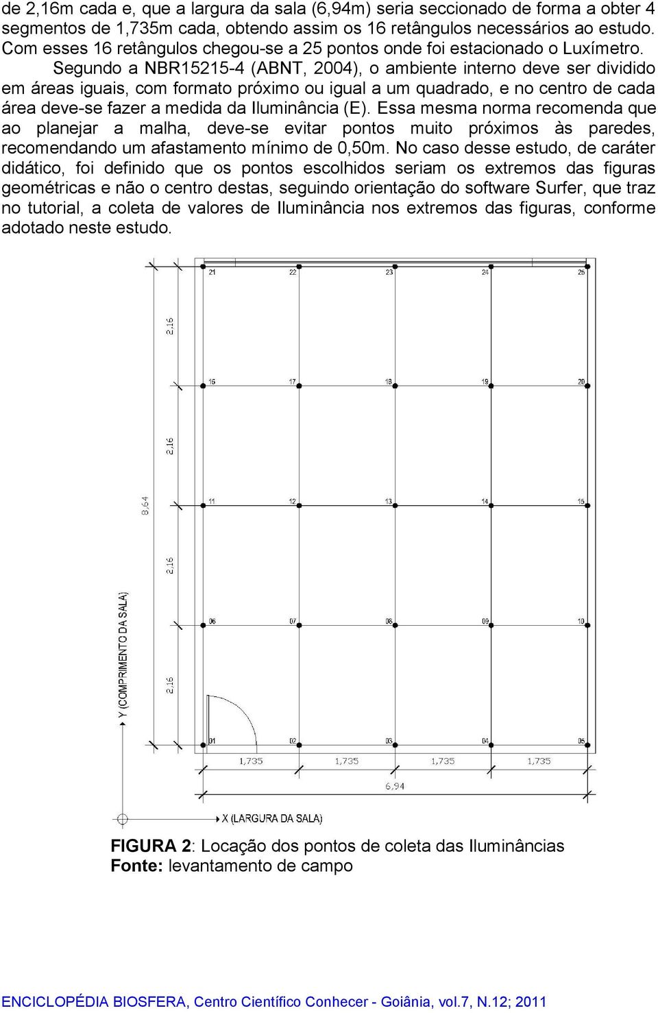 Segundo a NBR15215-4 (ABNT, 2004), o ambiente interno deve ser dividido em áreas iguais, com formato próximo ou igual a um quadrado, e no centro de cada área deve-se fazer a medida da Iluminância (E).