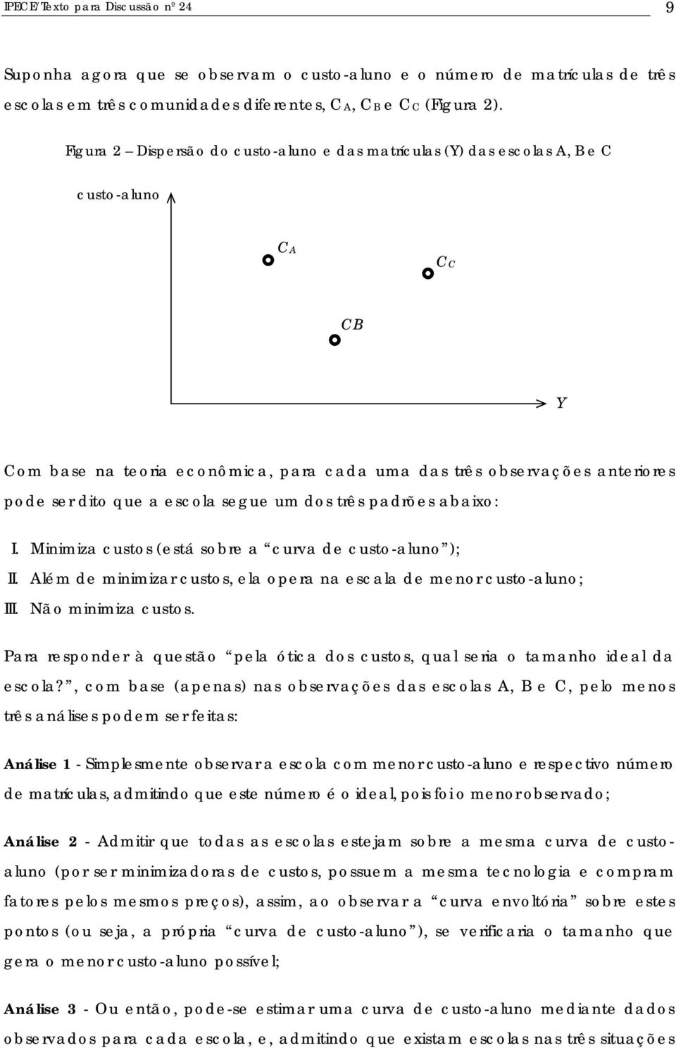 um dos três padrões abaxo: I. Mnmza custos (está sobre a curva de custo-aluno ); II. Além de mnmzar custos, ela opera na escala de menor custo-aluno; III. Não mnmza custos.