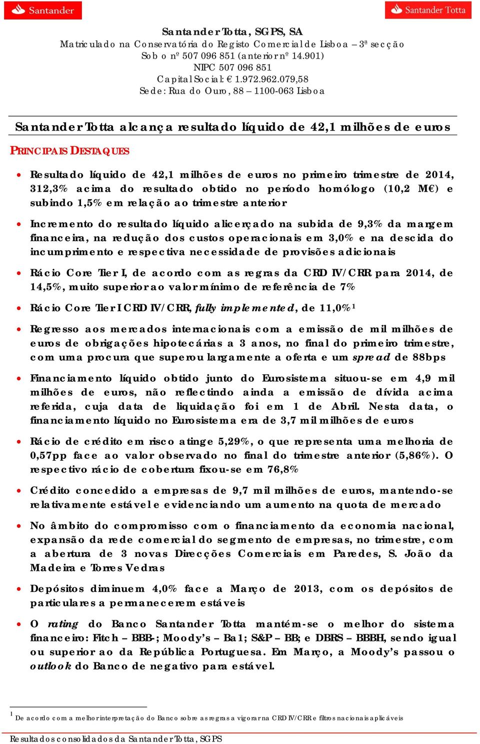 de 2014, 312,3% acima do resultado obtido no período homólogo (10,2 M ) e subindo 1,5% em relação ao trimestre anterior Incremento do resultado líquido alicerçado na subida de 9,3% da margem