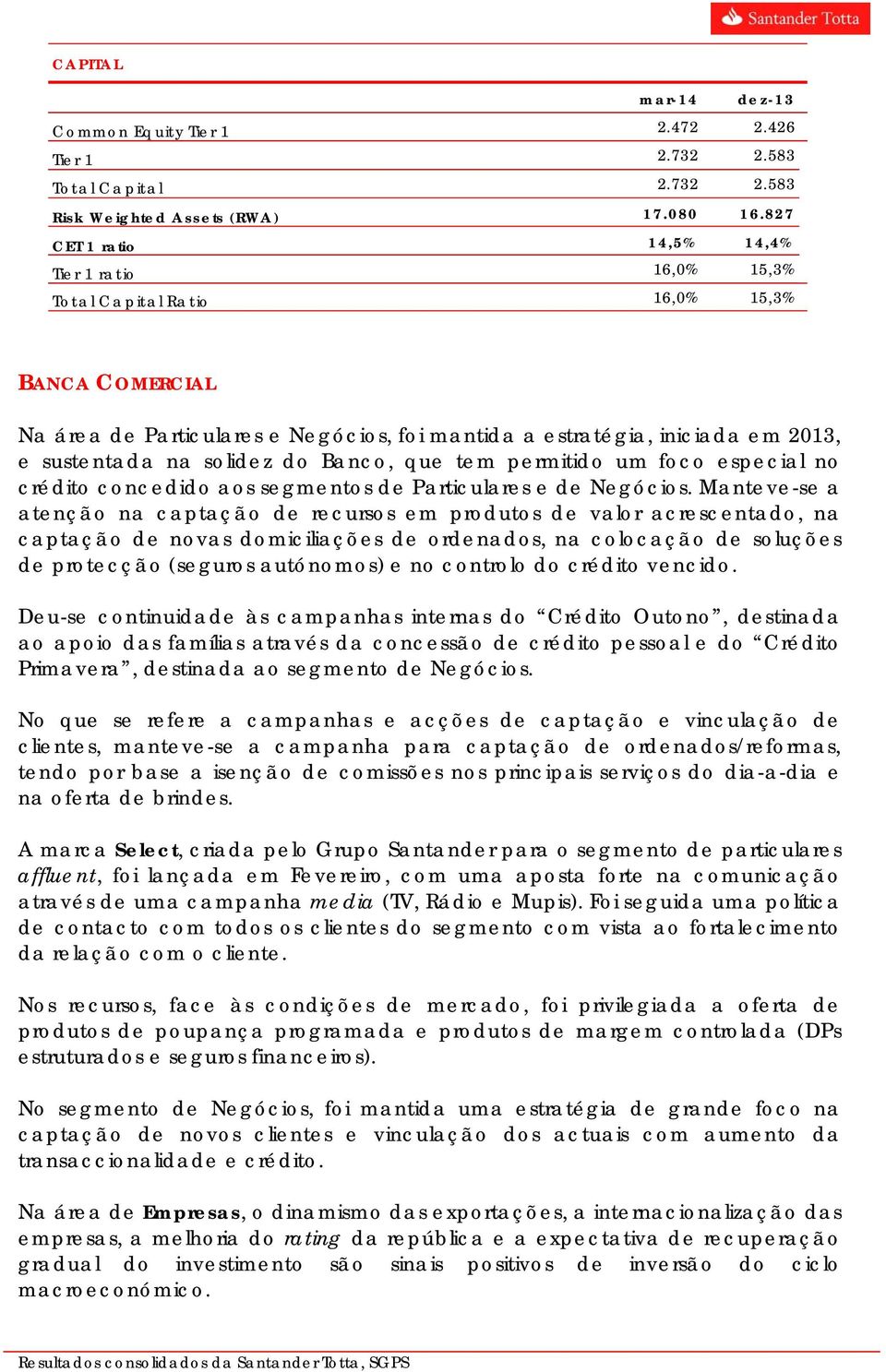 solidez do Banco, que tem permitido um foco especial no crédito concedido aos segmentos de Particulares e de Negócios.