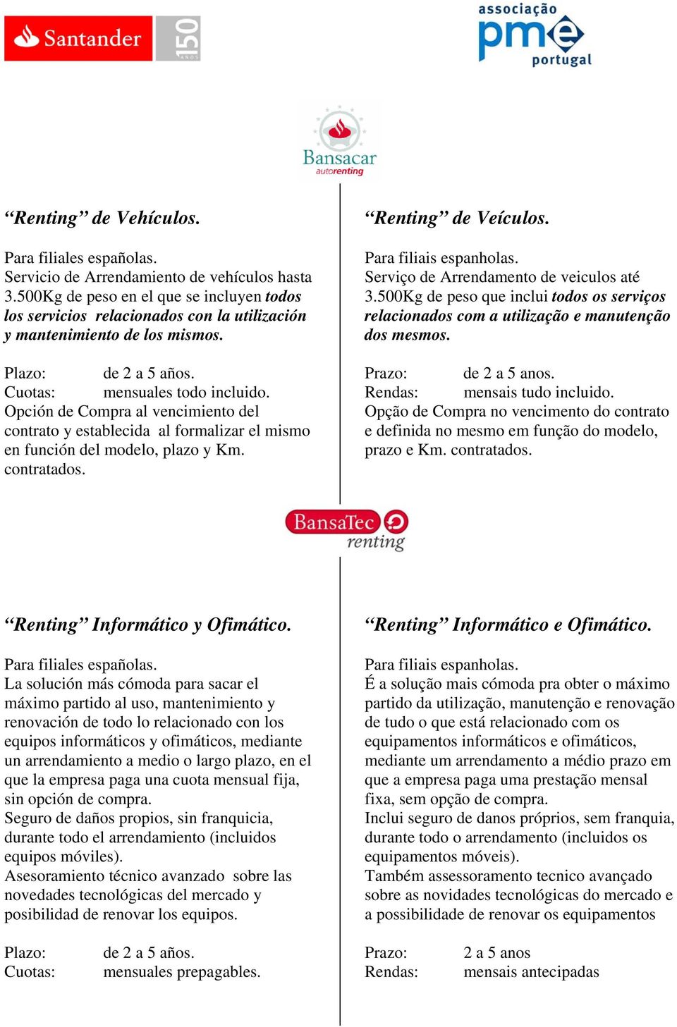 Opción de Compra al vencimiento del contrato y establecida al formalizar el mismo en función del modelo, plazo y Km. contratados. Renting de Veículos. Para filiais espanholas.