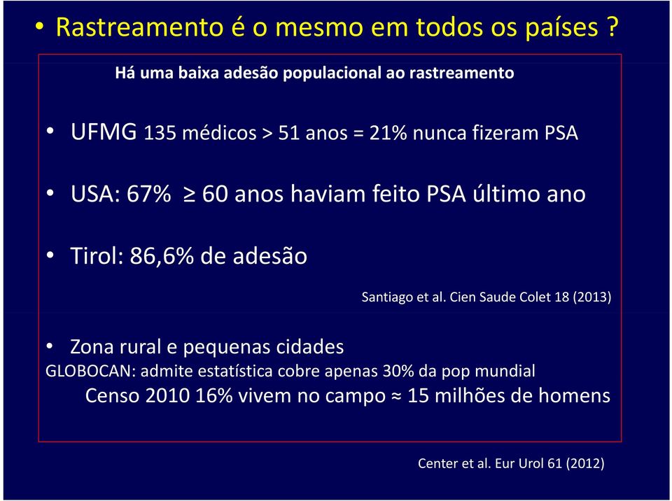 67% 60 anos haviam fit feito PSA último ano Tirol: 86,6% 6% de adesão Santiago et al.