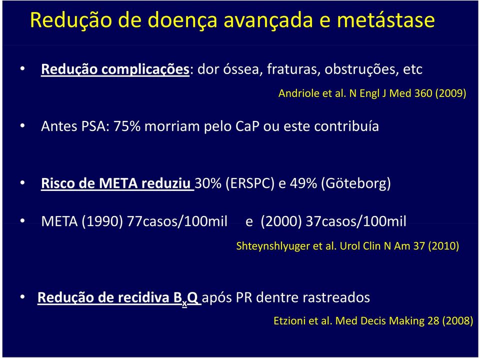 N EnglJ Med Md360 (2009) Antes PSA: 75% morriam pelo CaP ou este contribuía Risco de META reduziu 30%