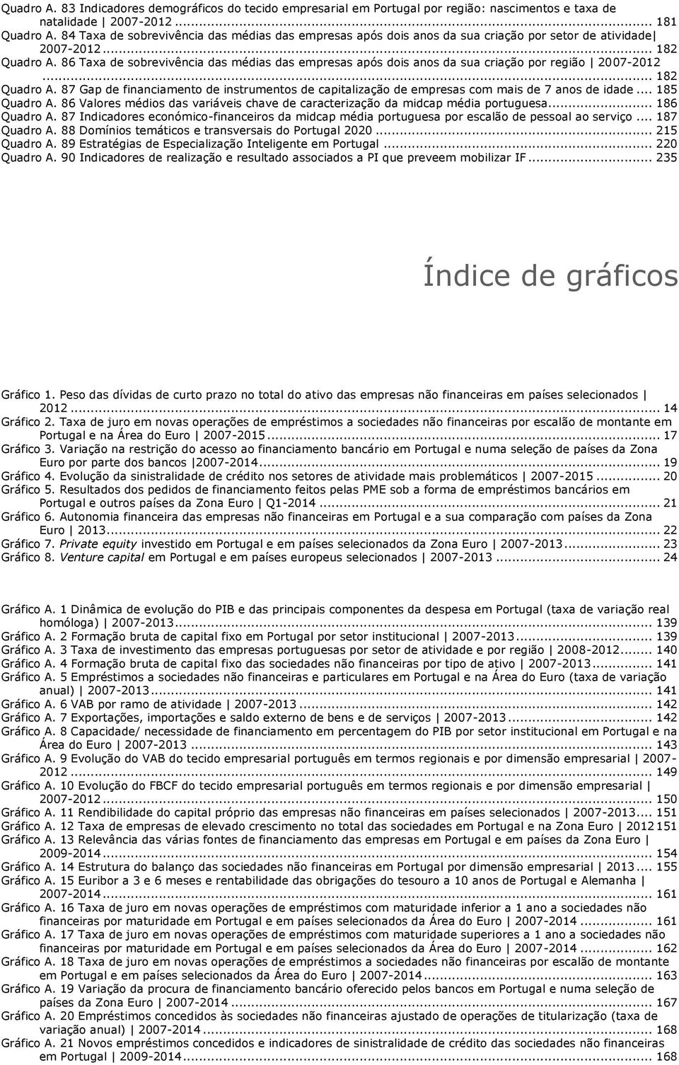 86 Taxa de sobrevivência das médias das empresas após dois anos da sua criação por região 2007-2012... 182 Quadro A.