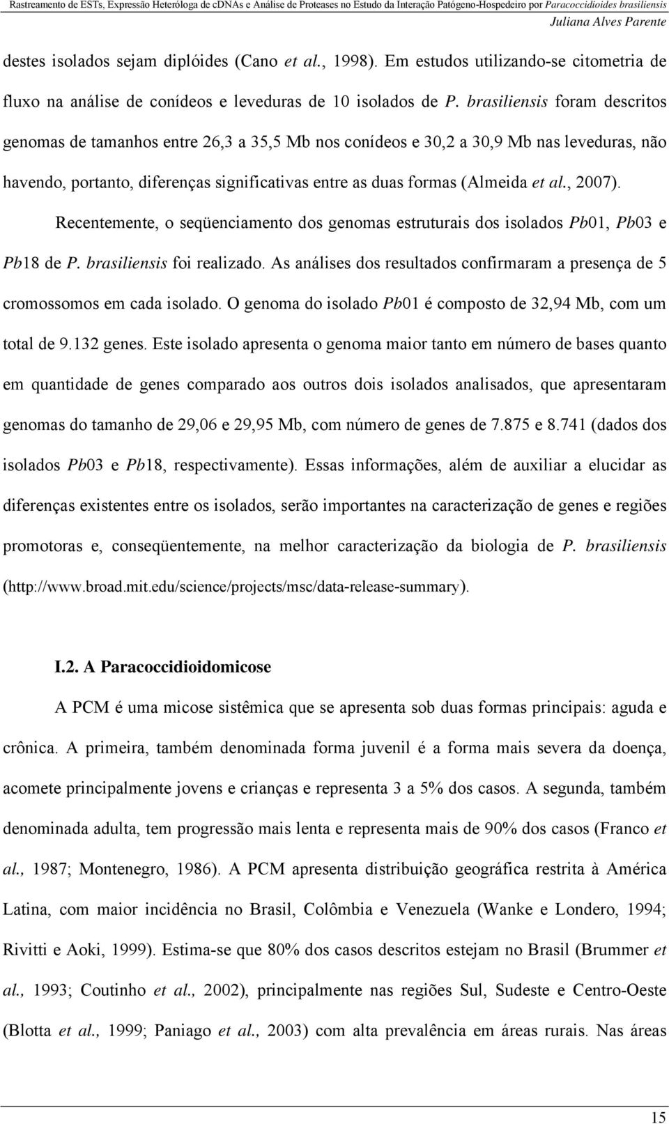 brasiliensis foram descritos genomas de tamanhos entre 26,3 a 35,5 Mb nos conídeos e 30,2 a 30,9 Mb nas leveduras, não havendo, portanto, diferenças significativas entre as duas formas (Almeida et al.